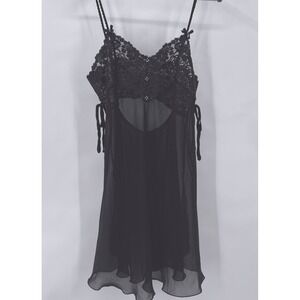 Black Lace Trimmed Sheer Slip Dress Rhinestones Dark Fairy Romantic Whimsigoth M